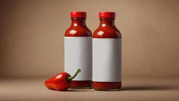 Two bottles of red hot sauce with blank labels and a red pepper. photo