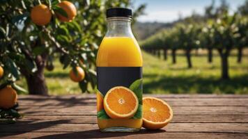 Fresh orange juice bottle on a rustic wooden table, with orange trees in the background. A perfect summer drink photo