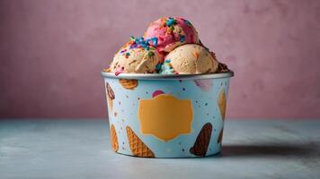 Delicious ice cream scoops in a colorful, patterned container. Perfect for summer photo