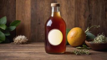 Amber liquid in a glass bottle with a blank label, surrounded by greenery and citrus fruit on a rustic wooden surface. photo