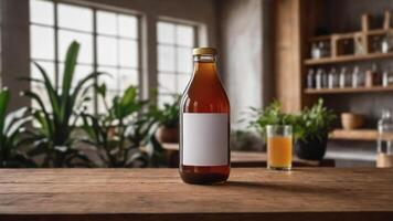 Amber beverage bottle mockup on wooden table with blank label. Perfect for showcasing your drink brand. photo