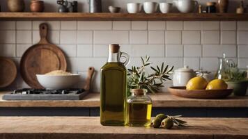 Olive oil bottles and fresh olives on a rustic kitchen counter. A healthy and natural cooking scene. photo