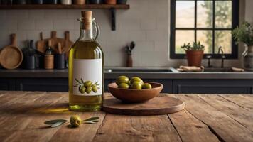Olive oil bottle and olives on rustic kitchen table. Perfect for healthy cooking and Mediterranean recipes. photo