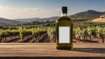 Olive oil bottle in idyllic countryside setting. Perfect for your brand's packaging. photo