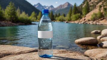 Refreshing water bottle by a serene mountain lake. Perfect for hydration and outdoor adventures photo