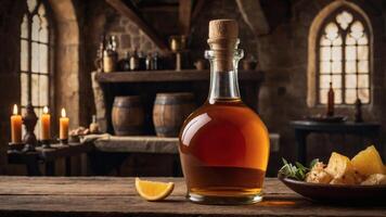Aged amber liquid in a glass decanter, on a rustic wooden table in a medieval-style setting. A slice of citrus and cheese are nearby. photo