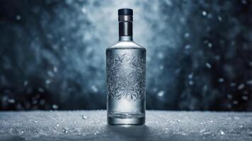 Elegant glass bottle with intricate snowflake design, set against a frosty background. Perfect for winter-themed spirits or beverages. photo