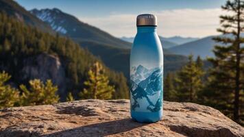 Water bottle with mountain scene rests on a rock overlooking a scenic vista. Perfect for outdoor adventures and hydration. photo