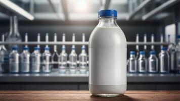Milk bottle product mockup on a wooden surface with a blurred factory background. photo