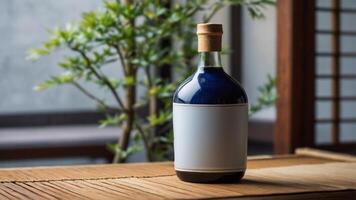 Dark-colored beverage bottle with blank label sits on a wooden surface, a blurred green plant and window are in the background. photo