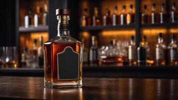 A bottle of amber liquor sits on a bar top, showcasing its blank label. Many other liquor bottles are visible in the background, softly blurred. photo