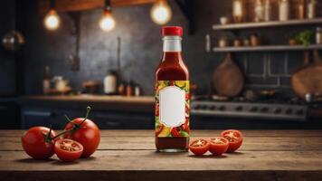 Spicy sauce bottle mockup on rustic kitchen counter with fresh tomatoes. Perfect for food blogs, recipe websites, or culinary branding. photo
