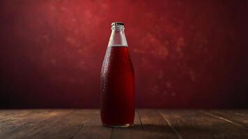 Refreshing red beverage in a glass bottle, condensation visible on the bottle's surface, set against a dark red background. photo