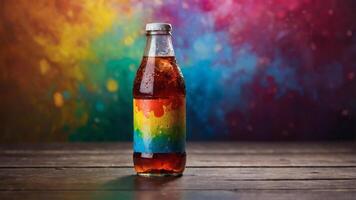 Refreshing soda bottle with vibrant rainbow label against a colorful background. photo