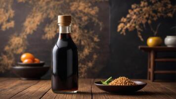 Soy sauce bottle on wooden table with soybeans. Dark background with Asian-inspired decor. photo