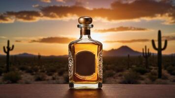 Desert sunset backdrop with a bottle of amber liquor, ready for your brand label. photo