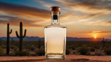 Sunset desert scene with a bottle of clear spirit. Perfect for tequila, vodka, or mezcal branding. photo