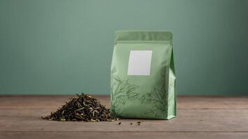 Loose leaf tea in a light green pouch with floral design. Perfect for packaging mockups and branding projects. photo