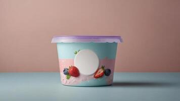 Yogurt parfait in pastel-colored container with fresh berries. Perfect for branding and packaging design. photo