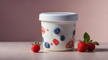Yogurt parfait in a reusable container with fresh strawberries and blueberries. Perfect for a healthy snack or breakfast photo