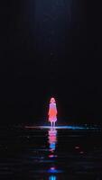 Solitary figure glowing brightly in the dark, standing on a reflective surface under a night sky. photo