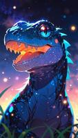 Adorable baby dinosaur in a mystical twilight setting. Large expressive eyes and vibrant colors. photo