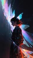 A young woman in a dark kimono, ethereal butterfly wings trailing behind her in a vibrant display of color. photo