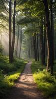 Sunlit path winding through a lush green forest. Rays of sunlight pierce the canopy, illuminating the way. photo