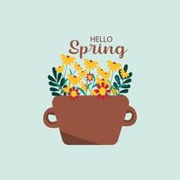 Hello spring and flower in the pot background vector