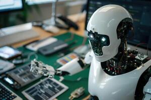 A robot is sitting in front of a computer photo