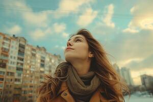 A woman looking up at the sky with a building in the background photo
