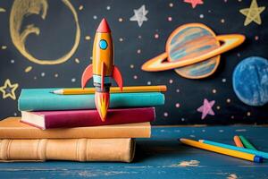 A stack of books, a rocket and a chalkboard photo
