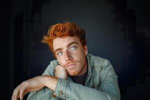 A man with red hair and blue eyes is leaning on his hand photo