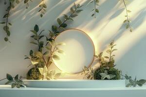 A round mirror with plants and leaves on a white wall photo