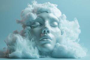 A serene, dreamlike visage appears partially obscured by soft clouds, evoking a sense of peace and contemplation photo