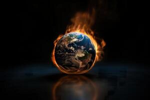 The earth is engulfed in flames against a black background, symbolizing urgent environmental issues and climate change photo