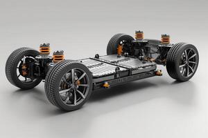 The electric vehicle chassis showcases integrated battery cells and suspension components for innovative automotive engineering photo