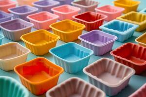 A variety of thin, colorful silicone molds are displayed on a white surface, perfect for baking or crafting projects photo