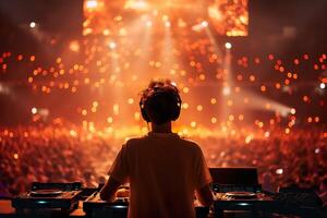 A DJ captivates a large audience with impressive beats while colorful lights illuminate the festival atmosphere photo