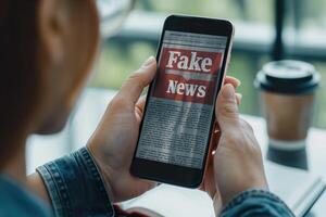 Individual engages with an article addressing fake news on their smartphone while seated at a coffee shop in Reading photo