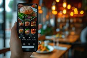 A person uses a delivery app to explore various meal choices at a dimly lit restaurant setting photo