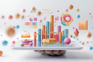 An impactful illustration of data visualization on a tablet showcasing vibrant charts and graphs in a modern design setting photo