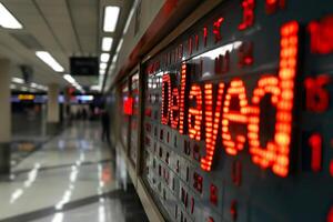 The board display at an airport terminal reveals multiple delayed flight statuses amidst a bustling atmosphere. photo