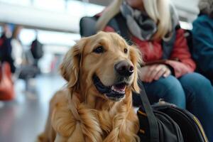 A friendly golden retriever waits patiently next to a traveler in a bustling airport terminal photo