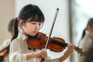 A young child skillfully plays a violin in a well-lit space, fully engaged in their music lesson photo