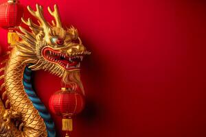 Golden dragon on red background with red lanterns photo