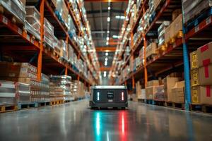 The robot uses advanced technology to move through a busy warehouse filled with organized boxes and shelves photo