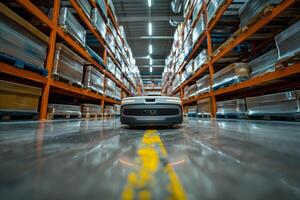 A robot navigates the warehouse aisles, autonomously managing inventory and optimizing operations during peak hours photo
