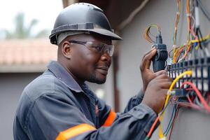 A technician works on installing an internet connection, carefully connecting wires and checking the setup in a residential area photo