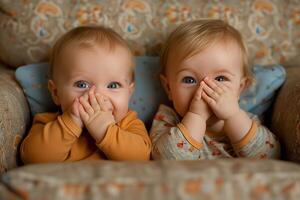 Two cheerful infants are playing a game of peek-a-boo, covering their mouths and giggling while sitting in a comfortable living room. photo